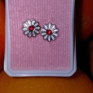 Silver Daisy Earrings with Red Center